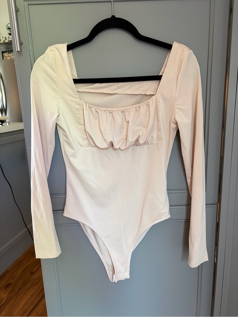 SHEIN Cream Long Sleeve Square Neck Bodysuit with Ruched Detail